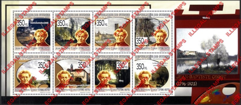 Guinea Republic 2009 Paintings Art by Jean-Baptiste Corot Illegal Stamp Souvenir Sheet of 8 Guinea Republic 2009 Paintings Art by Jean-Baptiste Corot Illegal Stamp Souvenir Sheet of 8