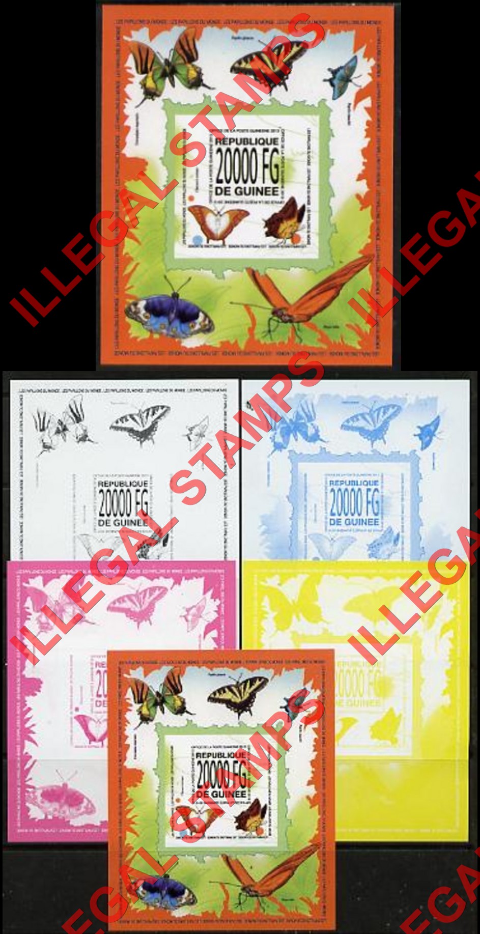 Guinea Republic 2013 Butterflies Counterfeit Illegal Stamps with Matching Color Proofs (Set 2) Guinea Republic 2013 Butterflies Counterfeit Illegal Stamp with Matching Color Proofs (Set 2)
