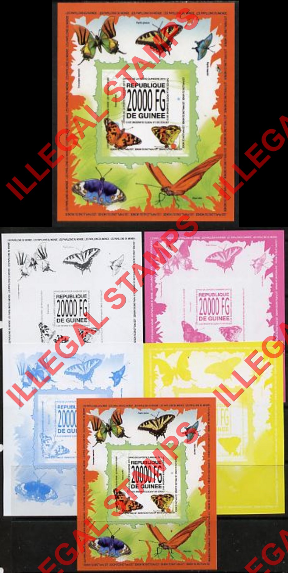Guinea Republic 2013 Butterflies Counterfeit Illegal Stamps with Matching Color Proofs (Set 3) Guinea Republic 2013 Butterflies Counterfeit Illegal Stamp with Matching Color Proofs (Set 3)