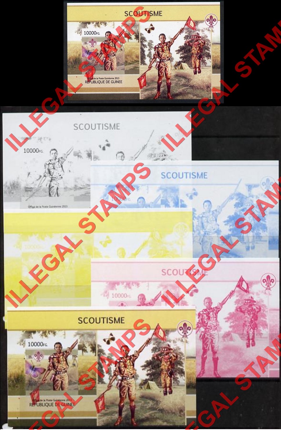 Guinea Republic 2013 Scouting Scoutisme Counterfeit Illegal Stamps with Matching Color Proofs (Set 1) Guinea Republic 2013 Scouting Scoutisme Counterfeit Illegal Stamp with Matching Color Proofs (Set 1)