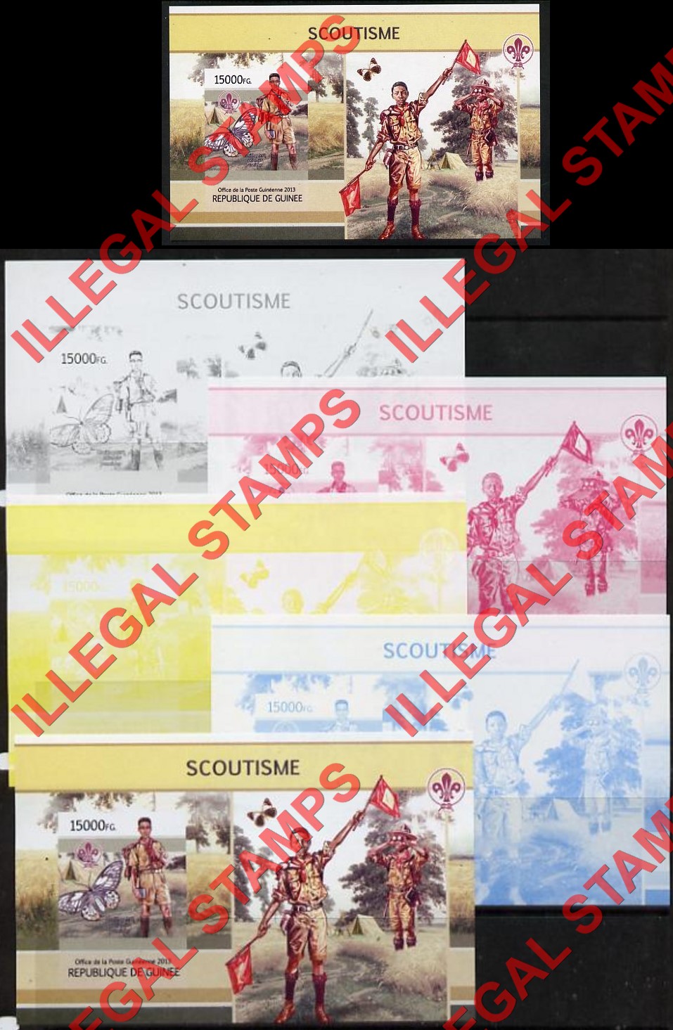 Guinea Republic 2013 Scouting Scoutisme Counterfeit Illegal Stamps with Matching Color Proofs (Set 2) Guinea Republic 2013 Scouting Scoutisme Counterfeit Illegal Stamp with Matching Color Proofs (Set 2)