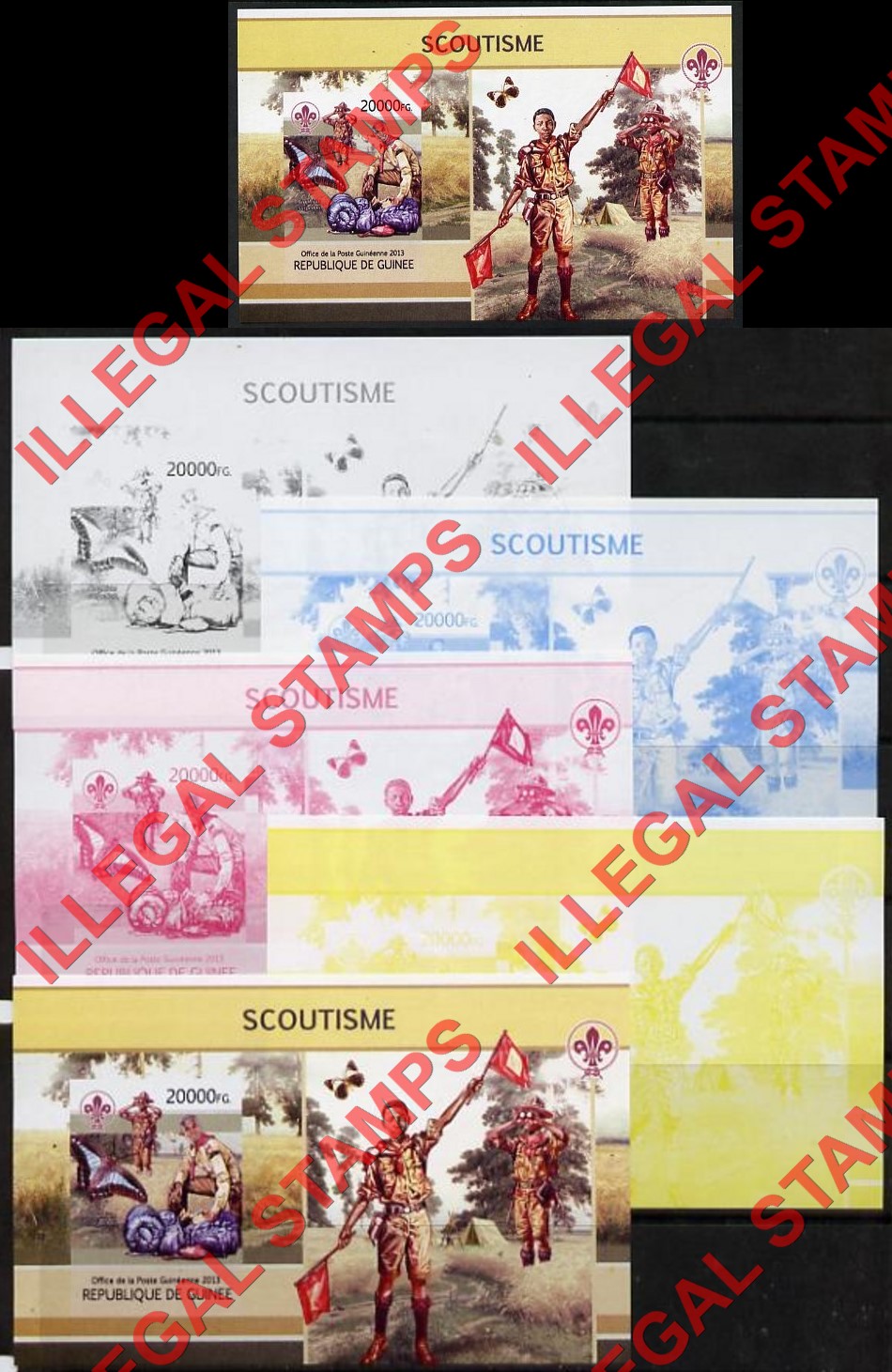 Guinea Republic 2013 Scouting Scoutisme Counterfeit Illegal Stamps with Matching Color Proofs (Set 3) Guinea Republic 2013 Scouting Scoutisme Counterfeit Illegal Stamp with Matching Color Proofs (Set 3)