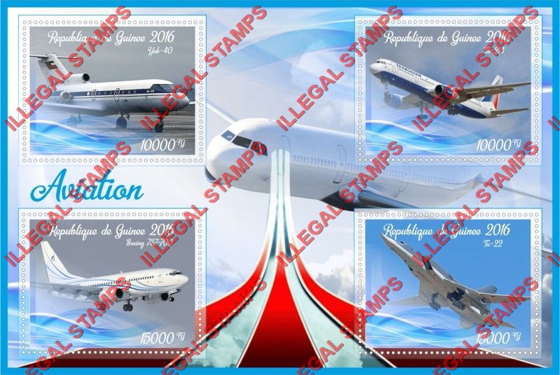 Guinea Republic 2016 Aviation Illegal Stamp Souvenir Sheet of 4 Guinea Republic 2016 Aviation Illegal Stamp Souvenir Sheet of 4