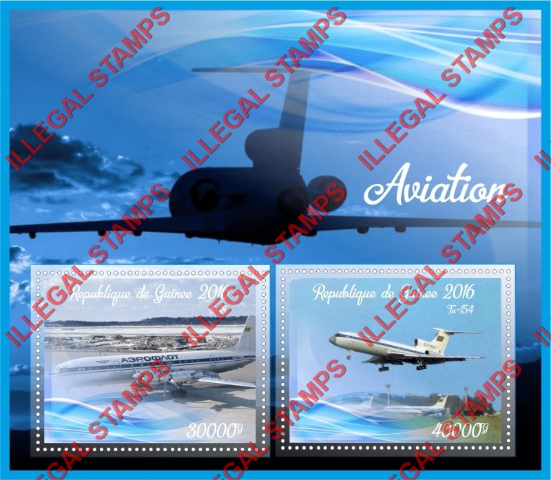 Guinea Republic 2016 Aviation Illegal Stamp Souvenir Sheet of 2 Guinea Republic 2016 Aviation Illegal Stamp Souvenir Sheet of 2
