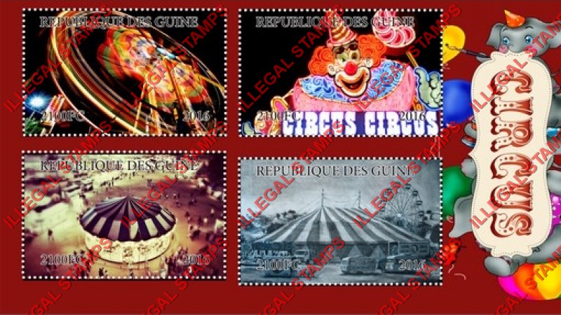 Guinea Republic 2016 Circus Illegal Stamp Souvenir Sheet of 4 Guinea Republic 2016 Circus Illegal Stamp Souvenir Sheet of 4