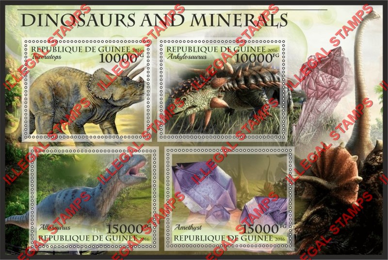 Guinea Republic 2016 Dinosaurs and Minerals Illegal Stamp Souvenir Sheet of 4 Guinea Republic 2016 Dinosaurs and Minerals Illegal Stamp Souvenir Sheet of 4
