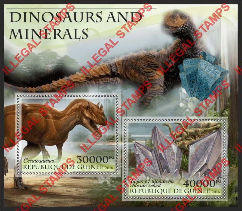 Guinea Republic 2016 Dinosaurs and Minerals Illegal Stamp Souvenir Sheet of 2 Guinea Republic 2016 Dinosaurs and Minerals Illegal Stamp Souvenir Sheet of 2