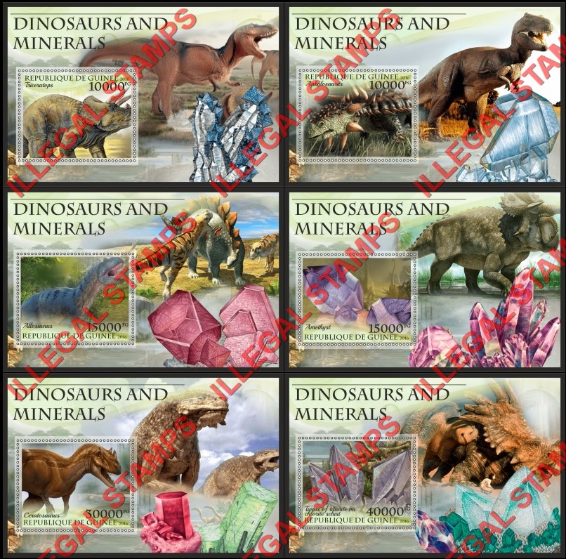 Guinea Republic 2016 Dinosaurs and Minerals Illegal Stamp Souvenir Sheets of 1 Guinea Republic 2016 Dinosaurs and Minerals Illegal Stamp Souvenir Sheets of 1