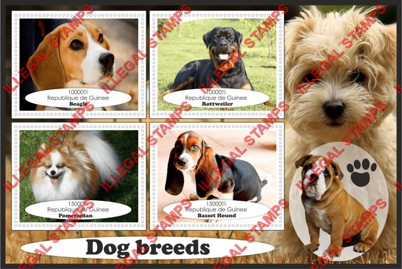 Guinea Republic 2016 Dogs (different a) Illegal Stamp Souvenir Sheet of 4 Guinea Republic 2016 Dogs (different a) Illegal Stamp Souvenir Sheet of 4