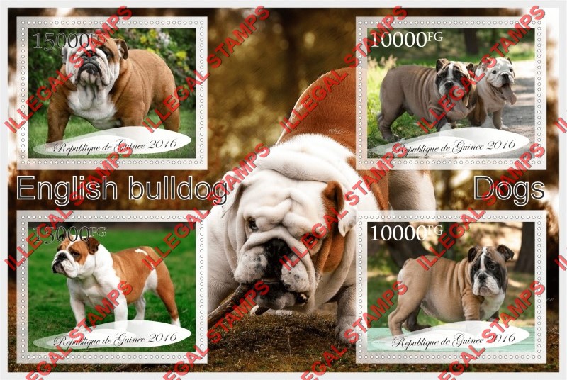 Guinea Republic 2016 Dogs English Bulldog Illegal Stamp Souvenir Sheet of 4 Guinea Republic 2016 Dogs English Bulldog Illegal Stamp Souvenir Sheet of 4