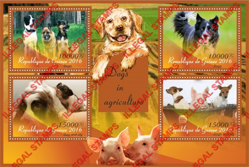 Guinea Republic 2016 Dogs in Agriculture with Pigs Illegal Stamp Souvenir Sheet of 4 Guinea Republic 2016 Dogs in Agriculture with Pigs Illegal Stamp Souvenir Sheet of 4