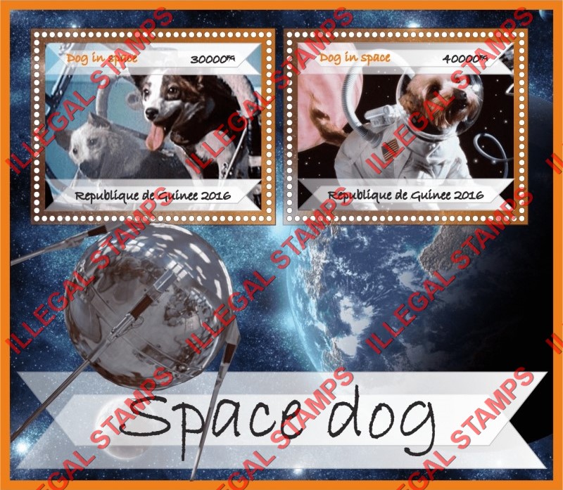 Guinea Republic 2016 Dogs in Space Illegal Stamp Souvenir Sheet of 2 Guinea Republic 2016 Dogs in Space Illegal Stamp Souvenir Sheet of 2