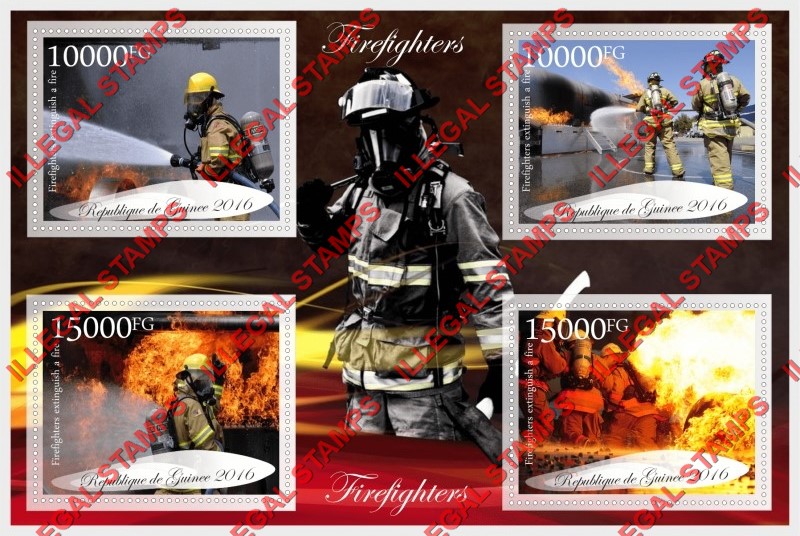 Guinea Republic 2016 Firefighters Illegal Stamp Souvenir Sheet of 4 Guinea Republic 2016 Firefighters Illegal Stamp Souvenir Sheet of 4