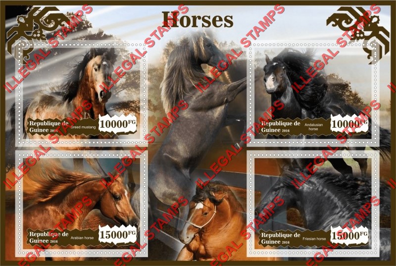 Guinea Republic 2016 Horses Illegal Stamp Souvenir Sheet of 4 Guinea Republic 2016 Horses Illegal Stamp Souvenir Sheet of 4