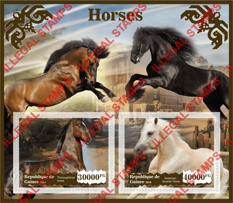 Guinea Republic 2016 Horses Illegal Stamp Souvenir Sheet of 2 Guinea Republic 2016 Horses Illegal Stamp Souvenir Sheet of 2