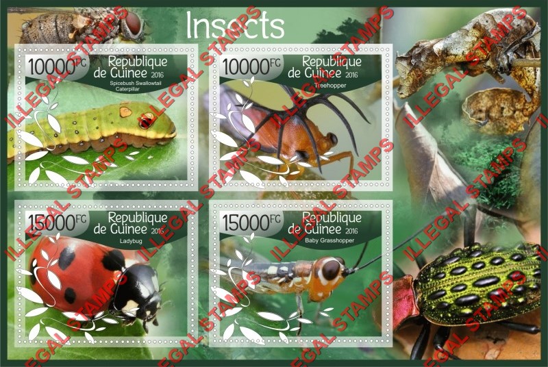 Guinea Republic 2016 Insects Illegal Stamp Souvenir Sheet of 4 Guinea Republic 2016 Insects Illegal Stamp Souvenir Sheet of 4