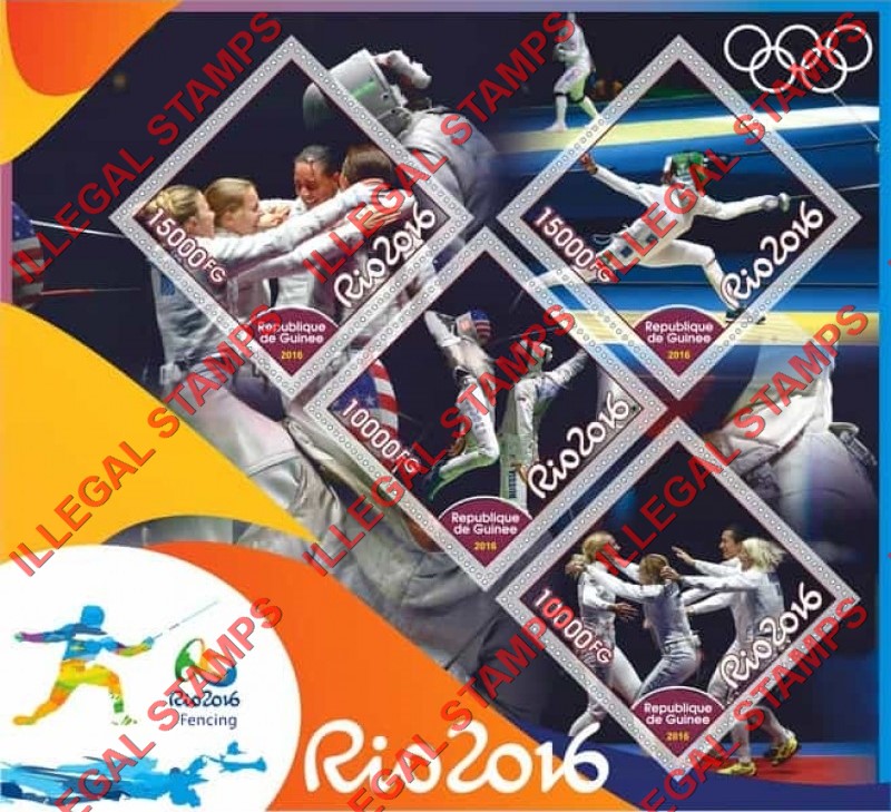 Guinea Republic 2016 Olympic Games in Rio Fencing Illegal Stamp Souvenir Sheet of 4 Guinea Republic 2016 Olympic Games in Rio Fencing Illegal Stamp Souvenir Sheet of 4