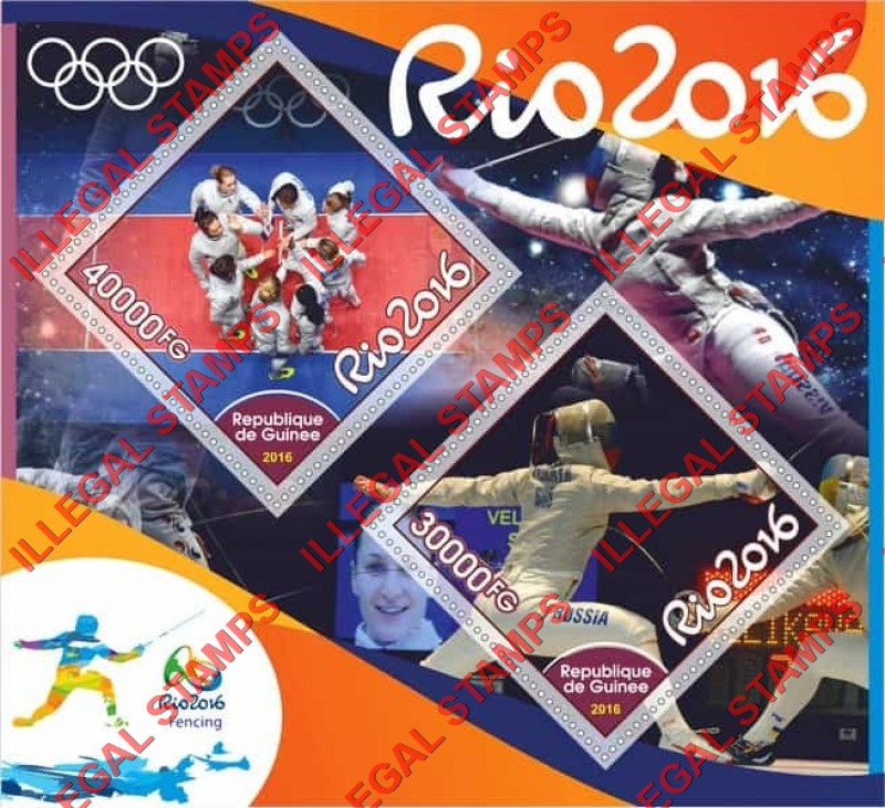 Guinea Republic 2016 Olympic Games in Rio Fencing Illegal Stamp Souvenir Sheet of 2 Guinea Republic 2016 Olympic Games in Rio Fencing Illegal Stamp Souvenir Sheet of 2