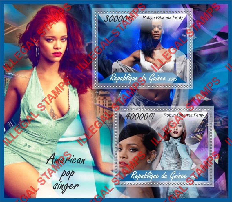 Guinea Republic 2016 Robyn Rihanna Fenty American Pop Singer Illegal Stamp Souvenir Sheet of 2 Guinea Republic 2016 Robyn Rihanna Fenty American Pop Singer Illegal Stamp Souvenir Sheet of 2