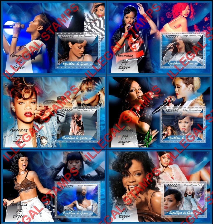 Guinea Republic 2016 Robyn Rihanna Fenty American Pop Singer Illegal Stamp Souvenir Sheets of 1 Guinea Republic 2016 Robyn Rihanna Fenty American Pop Singer Illegal Stamp Souvenir Sheets of 1