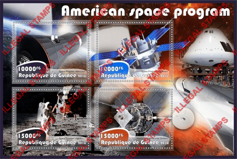 Guinea Republic 2016 Space American Program Illegal Stamp Souvenir Sheet of 4 Guinea Republic 2016 Space American Program Illegal Stamp Souvenir Sheet of 4