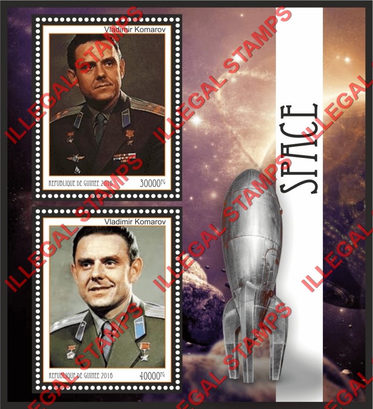 Guinea Republic 2016 Space Cosmonaut Vladimir Komarov Illegal Stamp Souvenir Sheet of 2 Guinea Republic 2016 Space Cosmonaut Vladimir Komarov Illegal Stamp Souvenir Sheet of 2