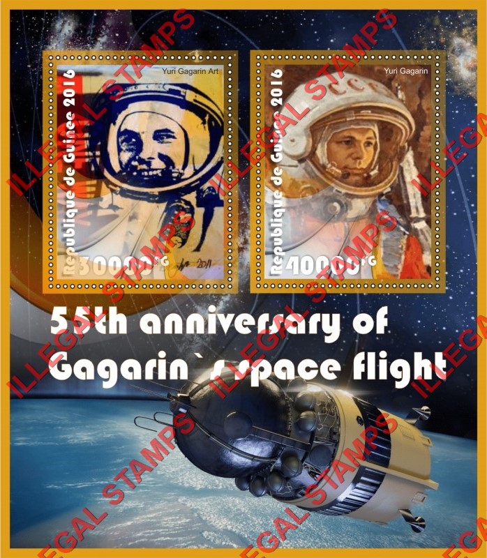 Guinea Republic 2016 Space Yuri Gagarin Illegal Stamp Souvenir Sheet of 2 Guinea Republic 2016 Space Yuri Gagarin Illegal Stamp Souvenir Sheet of 2