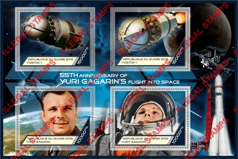 Guinea Republic 2016 Space Yuri Gagarin and Vostok-1 Illegal Stamp Souvenir Sheet of 4 Guinea Republic 2016 Space Yuri Gagarin and Vostok-1 Illegal Stamp Souvenir Sheet of 4