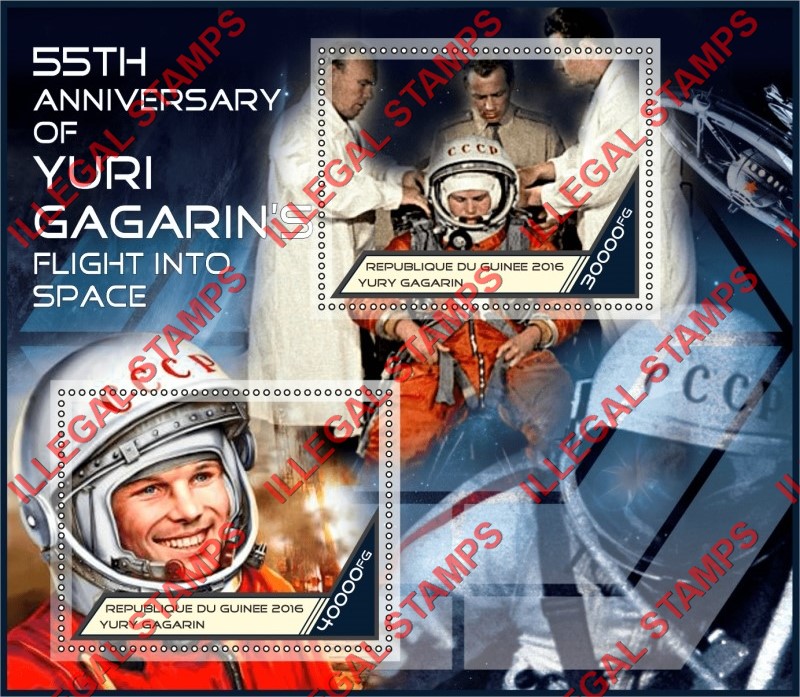 Guinea Republic 2016 Space Yuri Gagarin and Vostok-1 Illegal Stamp Souvenir Sheet of 2 Guinea Republic 2016 Space Yuri Gagarin and Vostok-1 Illegal Stamp Souvenir Sheet of 2