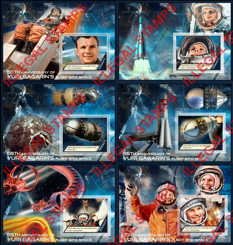 Guinea Republic 2016 Space Yuri Gagarin and Vostok-1 Illegal Stamp Souvenir Sheets of 1 Guinea Republic 2016 Space Yuri Gagarin and Vostok-1 Illegal Stamp Souvenir Sheets of 1