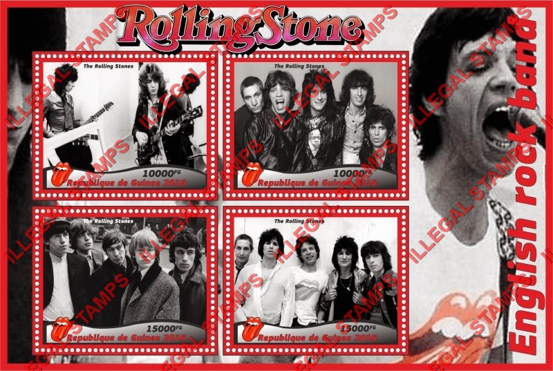 Guinea Republic 2016 The Rolling Stones Illegal Stamp Souvenir Sheet of 4 Guinea Republic 2016 The Rolling Stones Illegal Stamp Souvenir Sheet of 4