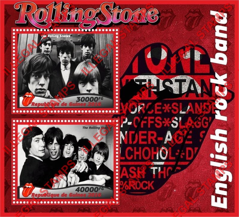 Guinea Republic 2016 The Rolling Stones Illegal Stamp Souvenir Sheet of 2 Guinea Republic 2016 The Rolling Stones Illegal Stamp Souvenir Sheet of 2