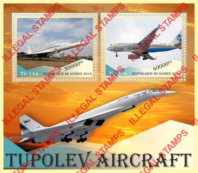 Guinea Republic 2016 Tupolev Aircraft (different) Illegal Stamp Souvenir Sheet of 2 Guinea Republic 2016 Tupolev Aircraft (different) Illegal Stamp Souvenir Sheet of 2