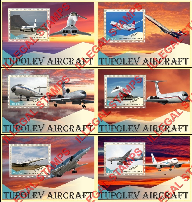Guinea Republic 2016 Tupolev Aircraft (different) Illegal Stamp Souvenir Sheets of 1 Guinea Republic 2016 Tupolev Aircraft (different) Illegal Stamp Souvenir Sheets of 1