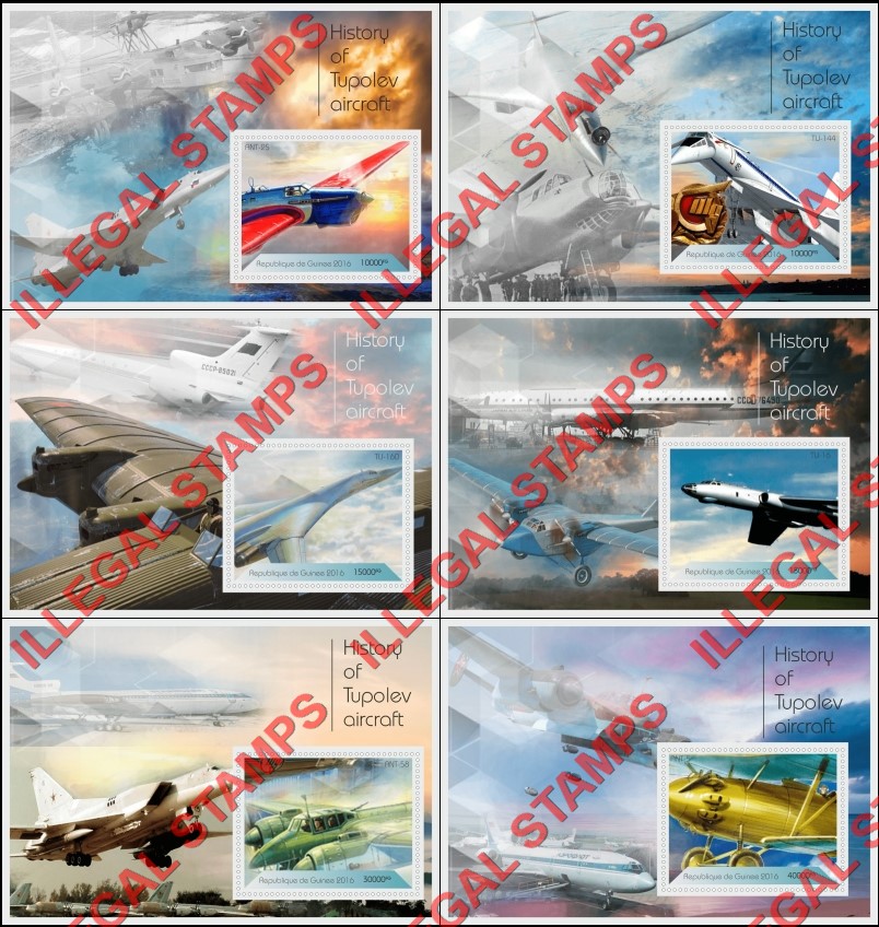 Guinea Republic 2016 Tupolev Aircraft History Illegal Stamp Souvenir Sheets of 1 Guinea Republic 2016 Tupolev Aircraft History Illegal Stamp Souvenir Sheets of 1