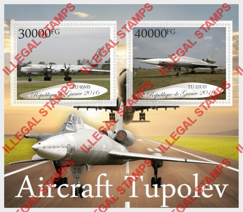 Guinea Republic 2016 Tupolev Aircraft Illegal Stamp Souvenir Sheet of 2 Guinea Republic 2016 Tupolev Aircraft Illegal Stamp Souvenir Sheet of 2