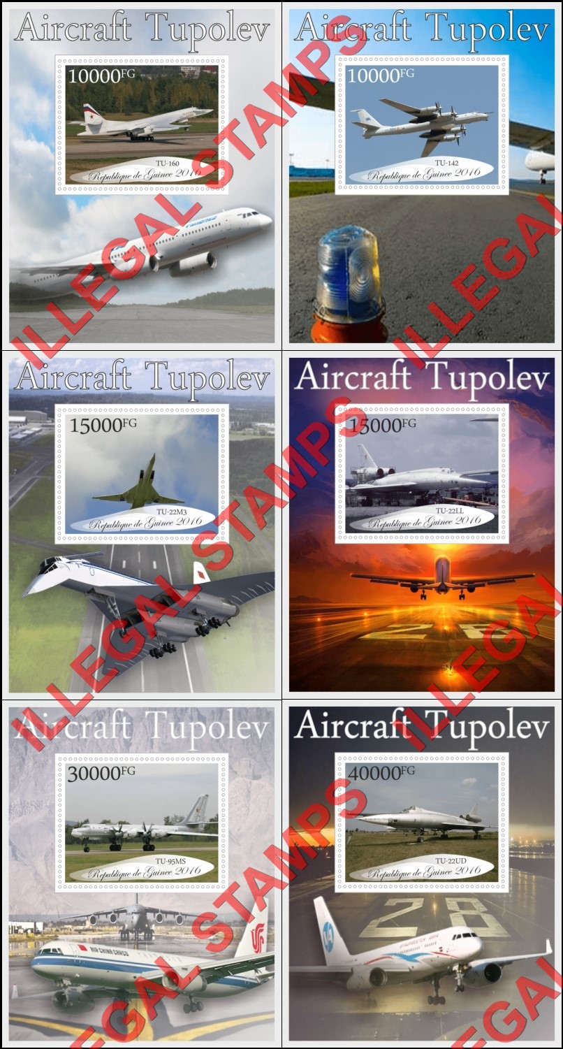 Guinea Republic 2016 Tupolev Aircraft Illegal Stamp Souvenir Sheets of 1 Guinea Republic 2016 Tupolev Aircraft Illegal Stamp Souvenir Sheets of 1