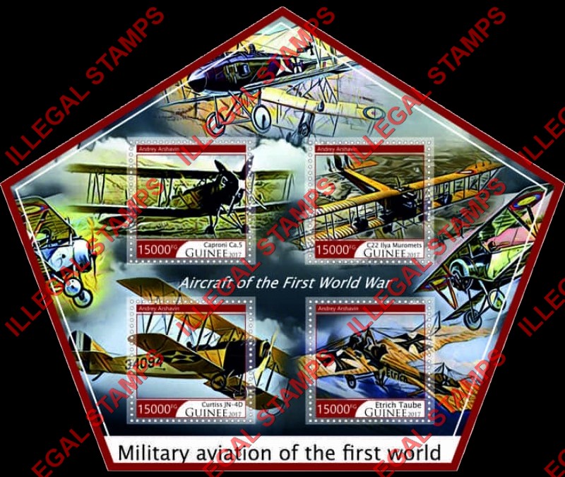 Guinea Republic 2017 World War I Military Aircraft Illegal Stamp Souvenir Sheet of 4