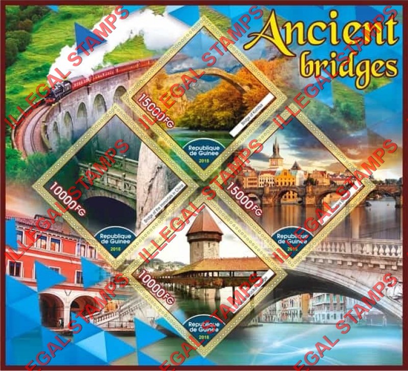 Guinea Republic 2018 Bridges Ancient Illegal Stamp Souvenir Sheet of 4 Guinea Republic 2018 Bridges Ancient Illegal Stamp Souvenir Sheet of 4