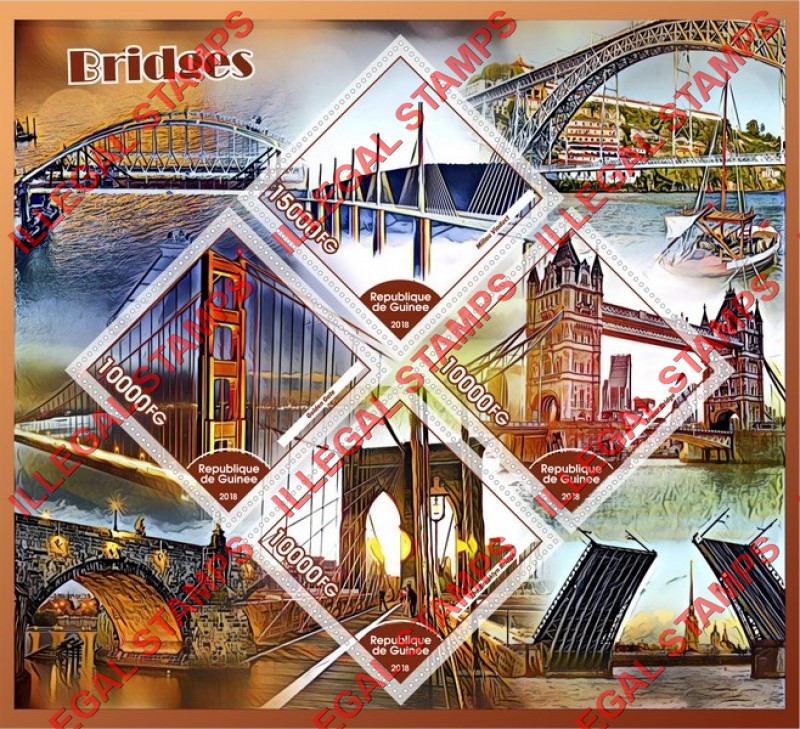 Guinea Republic 2018 Bridges (different) Illegal Stamp Souvenir Sheet of 4 Guinea Republic 2018 Bridges (different) Illegal Stamp Souvenir Sheet of 4