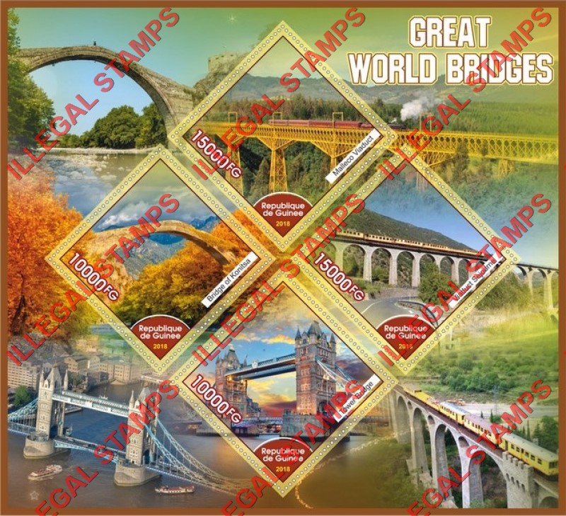 Guinea Republic 2018 Bridges Illegal Stamp Souvenir Sheet of 4 Guinea Republic 2018 Bridges Illegal Stamp Souvenir Sheet of 4