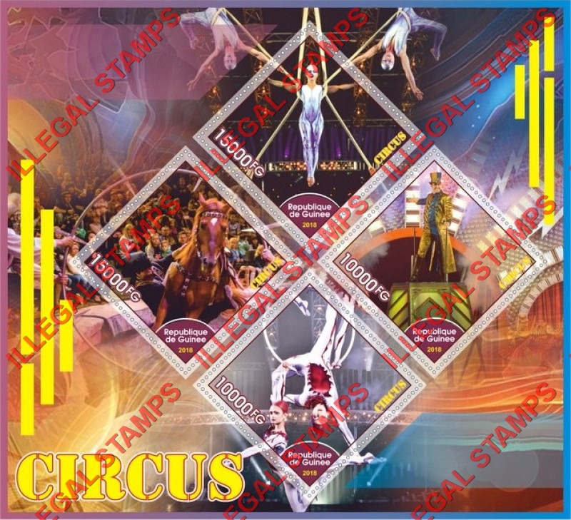 Guinea Republic 2018 Circus Illegal Stamp Souvenir Sheet of 4 Guinea Republic 2018 Circus Illegal Stamp Souvenir Sheet of 4