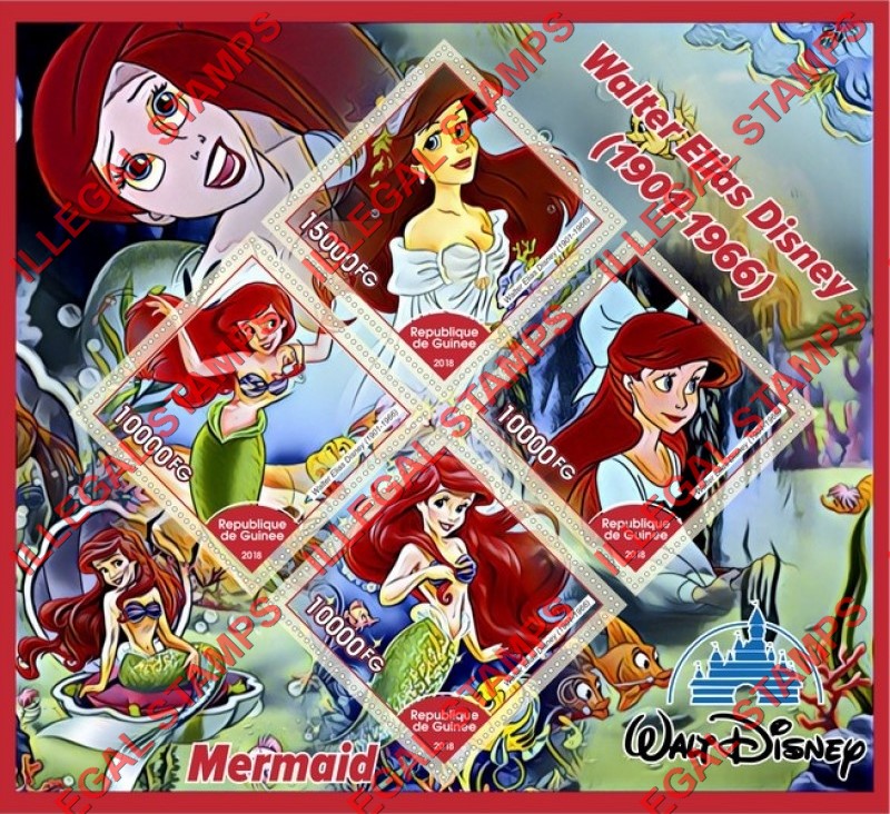 Guinea Republic 2018 Disney Little Mermaid Illegal Stamp Souvenir Sheet of 4 Guinea Republic 2018 Disney Little Mermaid Illegal Stamp Souvenir Sheet of 4