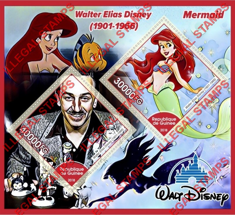Guinea Republic 2018 Disney Little Mermaid Illegal Stamp Souvenir Sheet of 2 Guinea Republic 2018 Disney Little Mermaid Illegal Stamp Souvenir Sheet of 2