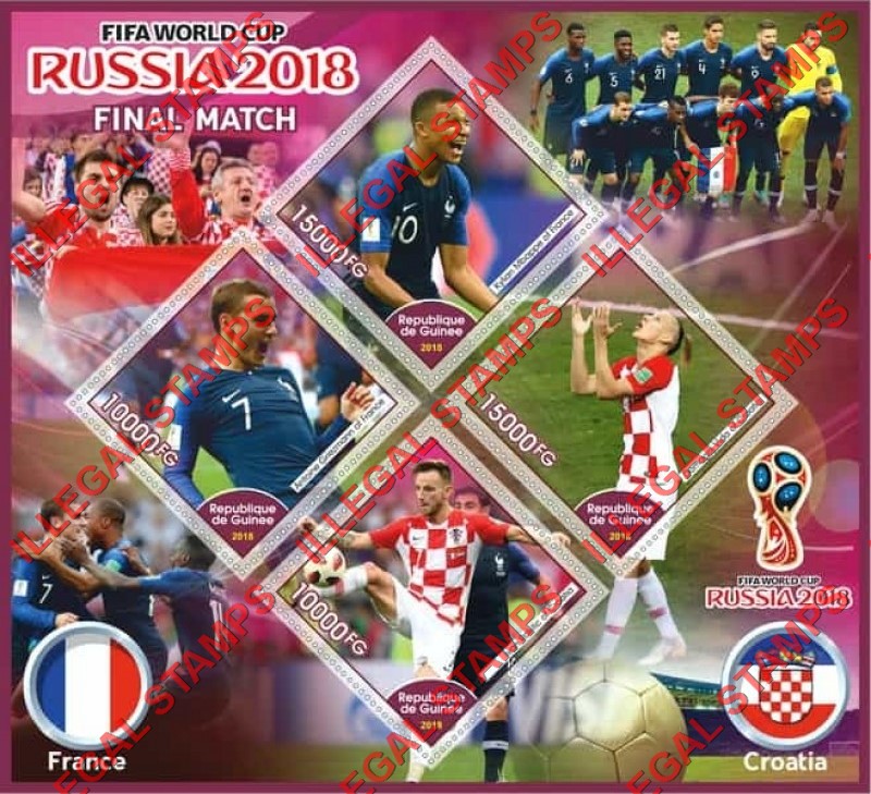 Guinea Republic 2018 FIFA World Cup Soccer in Russia Final Match Illegal Stamp Souvenir Sheet of 4 Guinea Republic 2018 FIFA World Cup Soccer in Russia Final Match Illegal Stamp Souvenir Sheet of 4