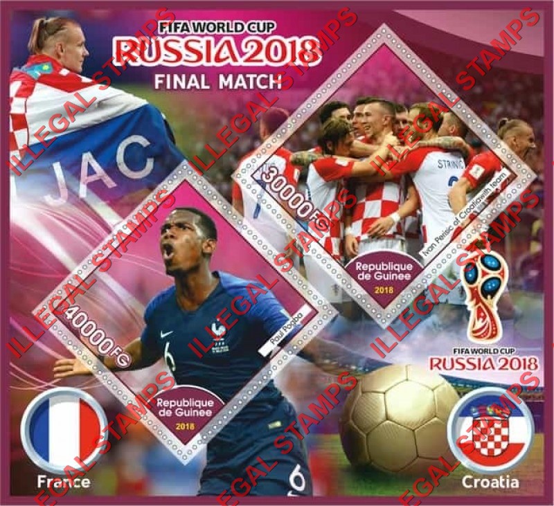 Guinea Republic 2018 FIFA World Cup Soccer in Russia Final Match Illegal Stamp Souvenir Sheet of 2 Guinea Republic 2018 FIFA World Cup Soccer in Russia Final Match Illegal Stamp Souvenir Sheet of 2