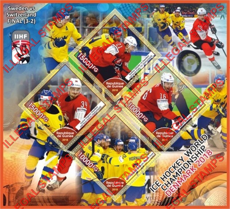Guinea Republic 2018 Ice Hockey World Championship in Denmark Illegal Stamp Souvenir Sheet of 4 Guinea Republic 2018 Ice Hockey World Championship in Denmark Illegal Stamp Souvenir Sheet of 4