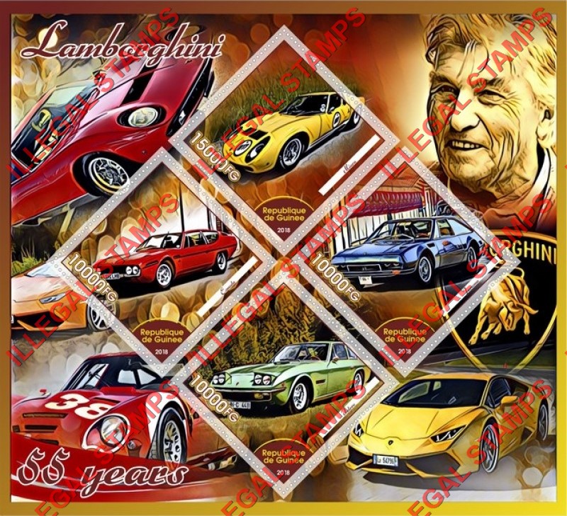 Guinea Republic 2018 Lamborghini Illegal Stamp Souvenir Sheet of 4 Guinea Republic 2018 Lamborghini Illegal Stamp Souvenir Sheet of 4