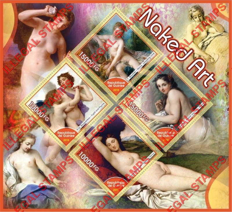 Guinea Republic 2018 Naked Art Illegal Stamp Souvenir Sheet of 4 Guinea Republic 2018 Naked Art Illegal Stamp Souvenir Sheet of 4