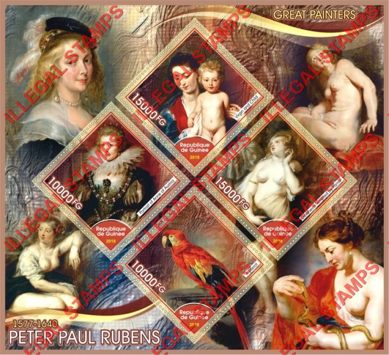 Guinea Republic 2018 Paintings by Peter Paul Rubens Illegal Stamp Souvenir Sheet of 4 Guinea Republic 2018 Paintings by Peter Paul Rubens Illegal Stamp Souvenir Sheet of 4